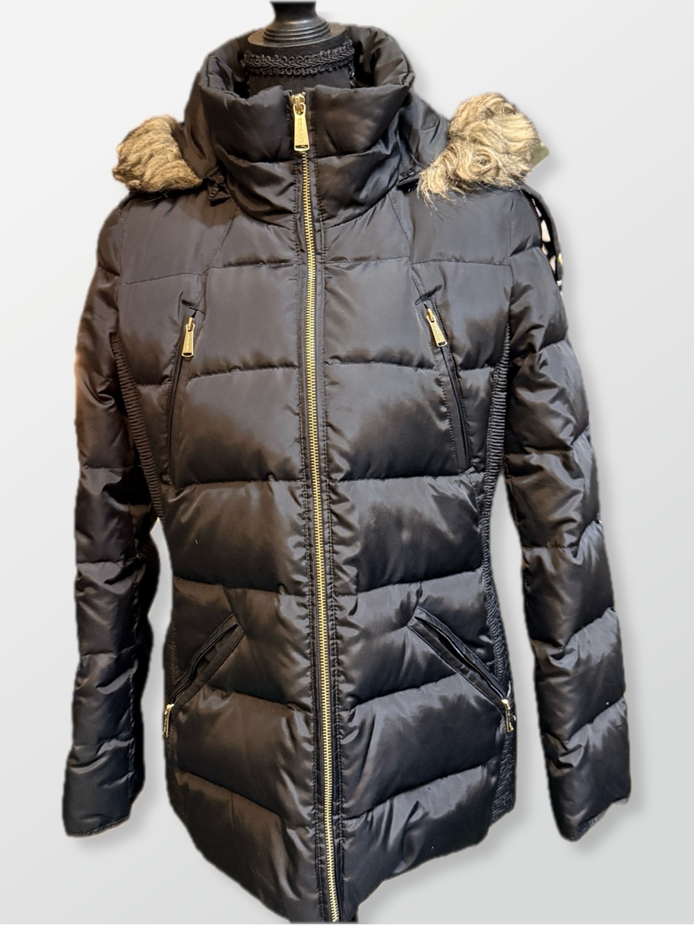 Michael Kors Black Quilted Hooded Puffer with Faux-Fur Trim